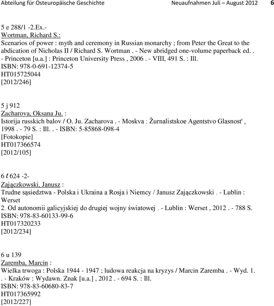 - VIII, 491 S. : Ill. ISBN: 978-0-691-12374-5 HT015725044 [2012/246] 5 j 912 Zacharova, Oksana Ju. : Istorija russkich balov / O. Ju. Zacharova. - Moskva : Žurnalistskoe Agentstvo Glasnost', 1998.