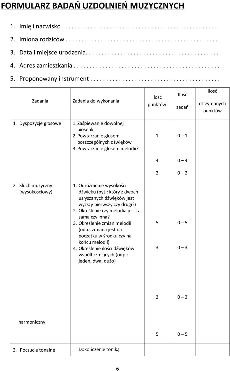 ........................................ Zadania Zadania do wykonania Ilość punktów Ilość zadań Ilość otrzymanych punktów 1. Dyspozycje głosowe 1. Zaśpiewanie dowolnej piosenki 2.