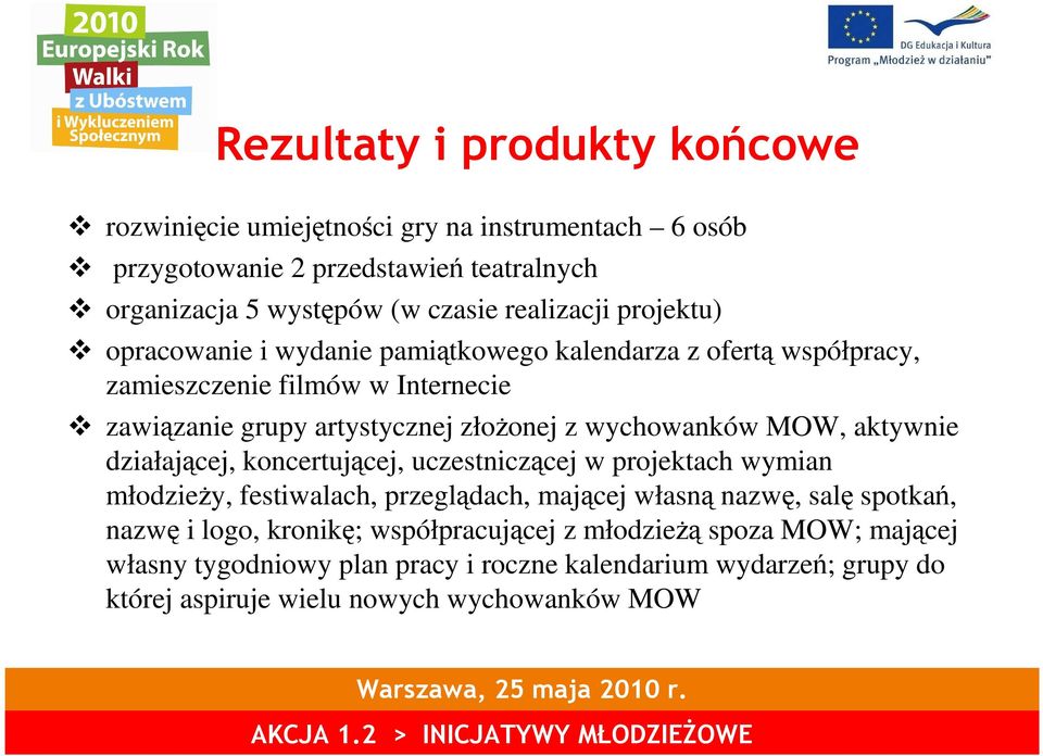 wychowanków MOW, aktywnie działającej, koncertującej, uczestniczącej w projektach wymian młodzieŝy, festiwalach, przeglądach, mającej własną nazwę, salę spotkań,