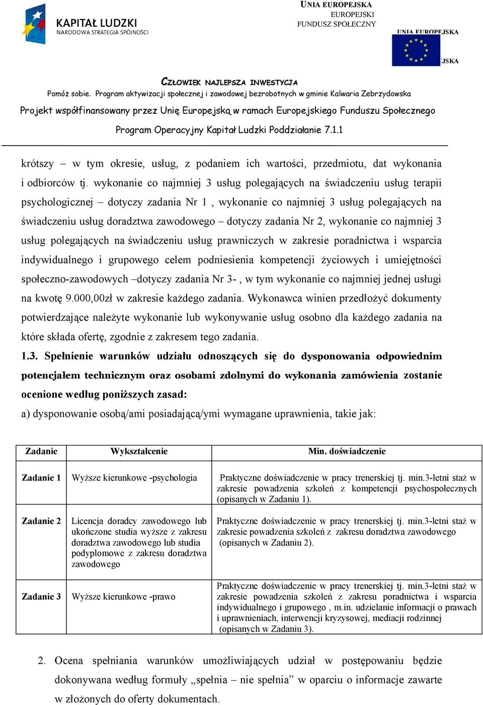 dotyczy zadania Nr 2, wykonanie co najmniej 3 usług polegających na świadczeniu usług prawniczych w zakresie poradnictwa i wsparcia indywidualnego i grupowego celem podniesienia kompetencji życiowych