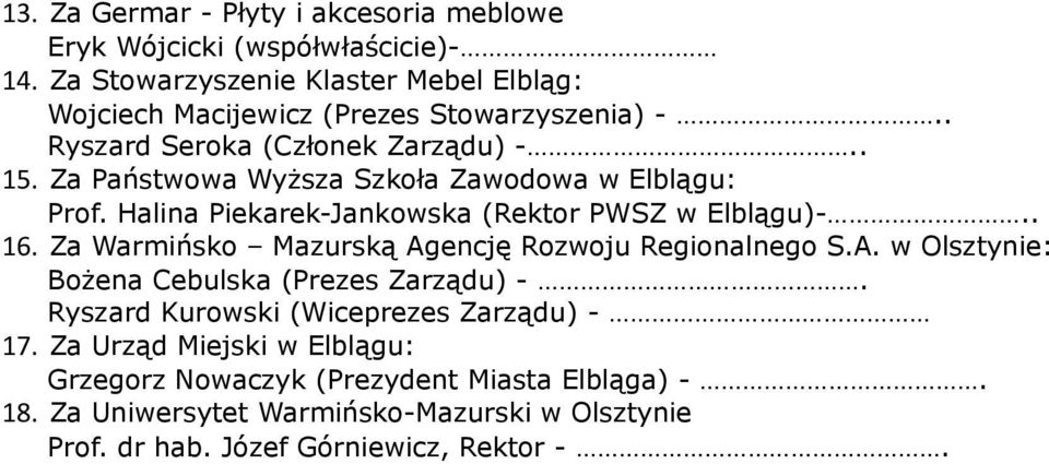 Za Państwowa Wyższa Szkoła Zawodowa w Elblągu: Prof. Halina Piekarek-Jankowska (Rektor PWSZ w Elblągu)-.. 16.