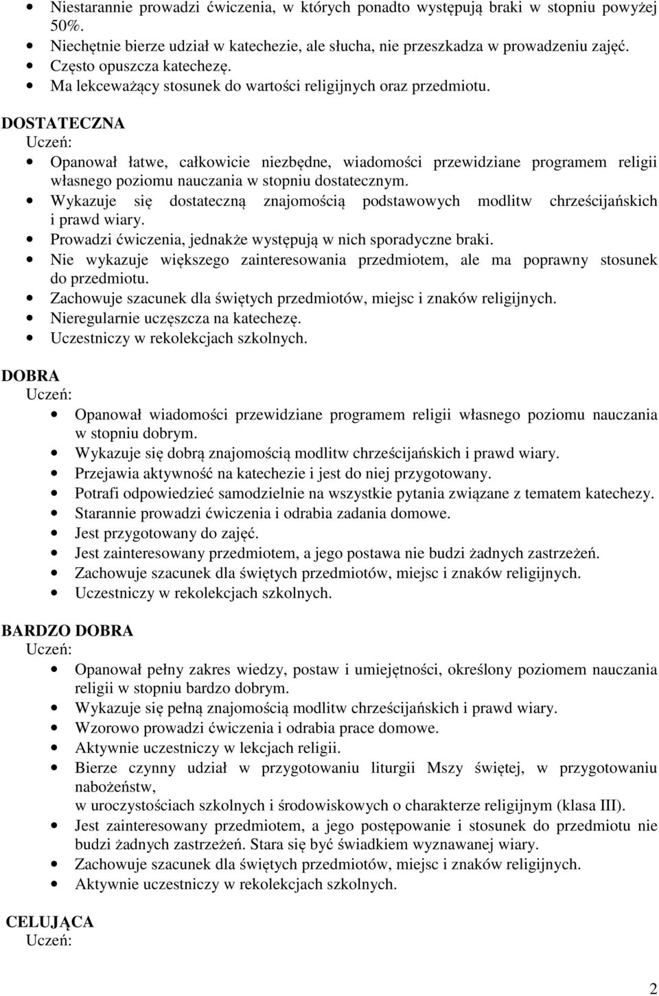 Wykazuje się dostateczną znajomością podstawowych modlitw chrześcijańskich i prawd wiary. Prowadzi ćwiczenia, jednakże występują w nich sporadyczne braki.