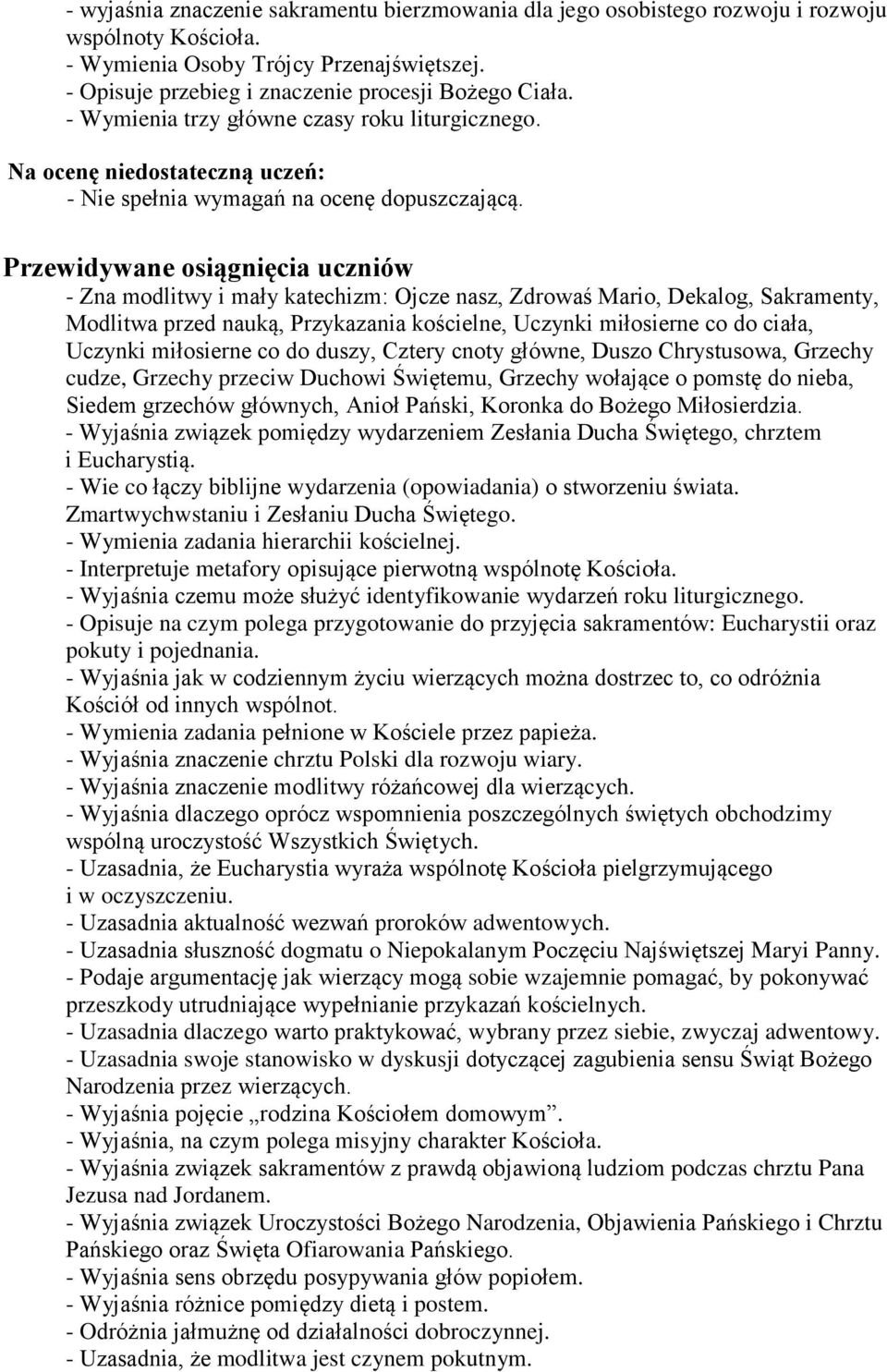 Przewidywane osiągnięcia uczniów - Zna modlitwy i mały katechizm: Ojcze nasz, Zdrowaś Mario, Dekalog, Sakramenty, Modlitwa przed nauką, Przykazania kościelne, Uczynki miłosierne co do ciała, Uczynki