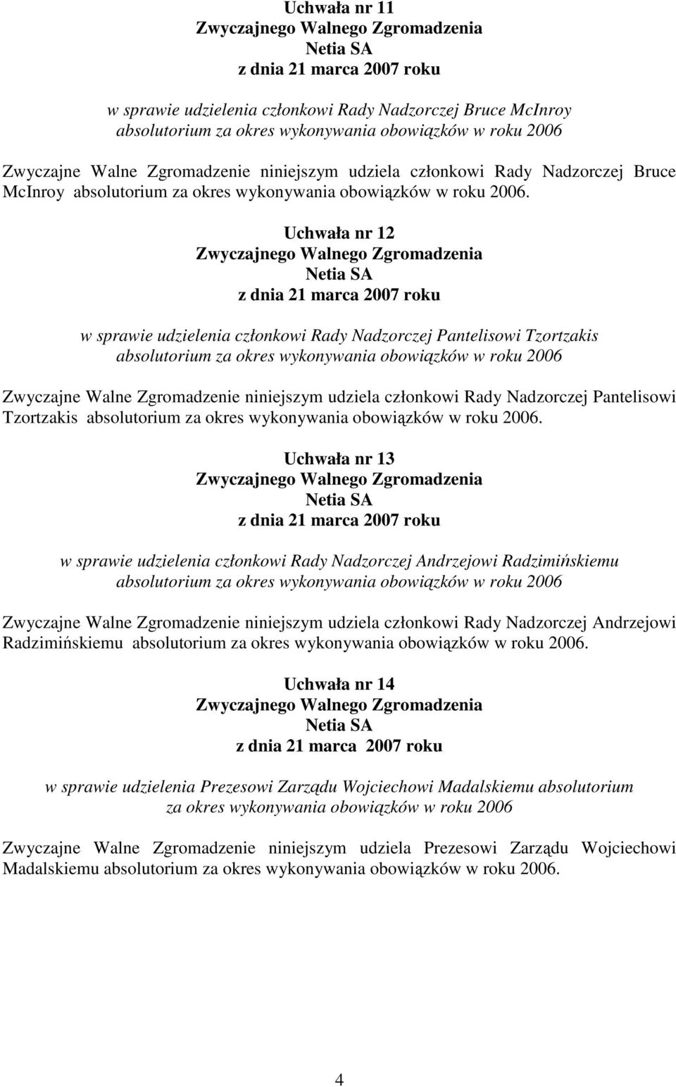 Uchwała nr 12 w sprawie udzielenia członkowi Rady Nadzorczej Pantelisowi Tzortzakis absolutorium za okres wykonywania obowiązków w roku 2006 Zwyczajne Walne Zgromadzenie niniejszym udziela członkowi