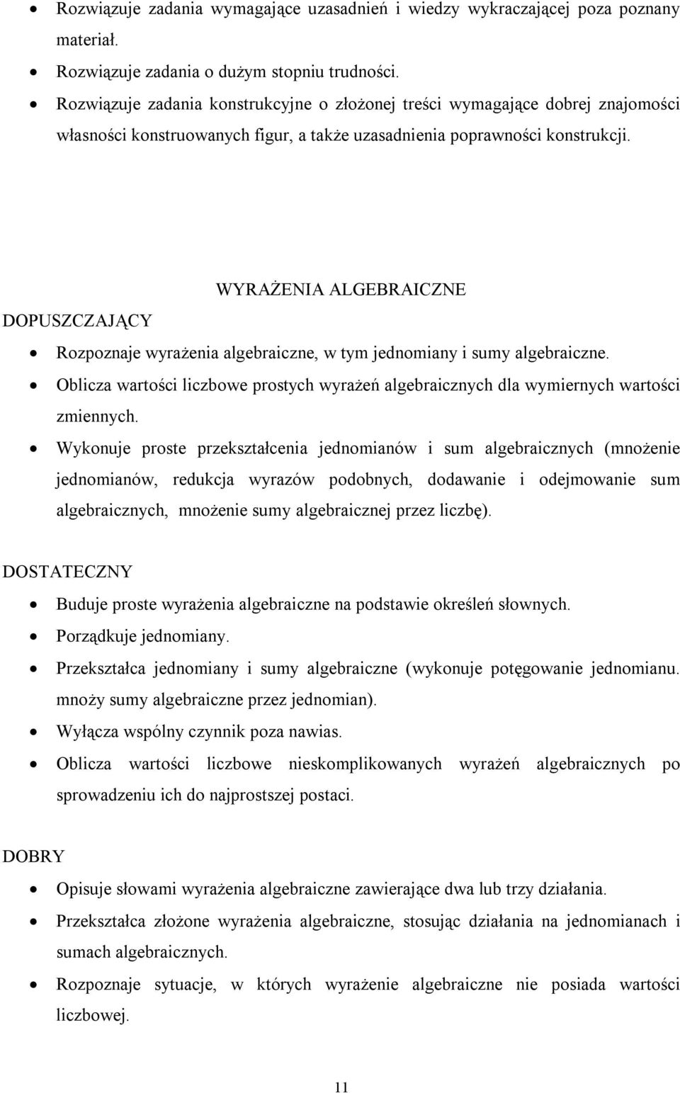 WYRAŻENIA ALGEBRAICZNE DOPUSZCZAJĄCY Rozpoznaje wyrażenia algebraiczne, w tym jednomiany i sumy algebraiczne.