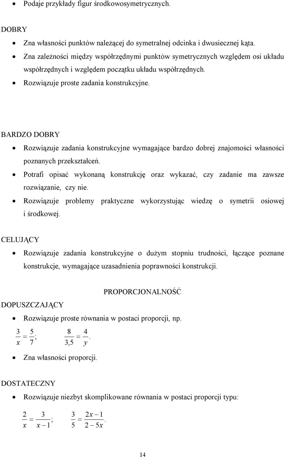 BARDZO DOBRY Rozwiązuje zadania konstrukcyjne wymagające bardzo dobrej znajomości własności poznanych przekształceń.