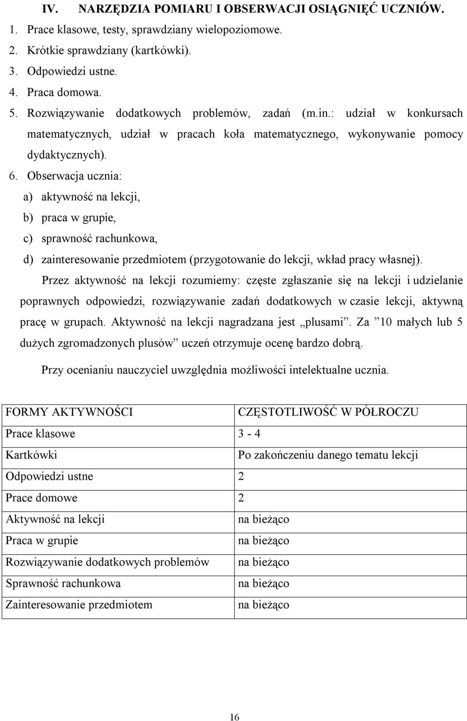 Obserwacja ucznia: a) aktywność na lekcji, b) praca w grupie, c) sprawność rachunkowa, d) zainteresowanie przedmiotem (przygotowanie do lekcji, wkład pracy własnej).