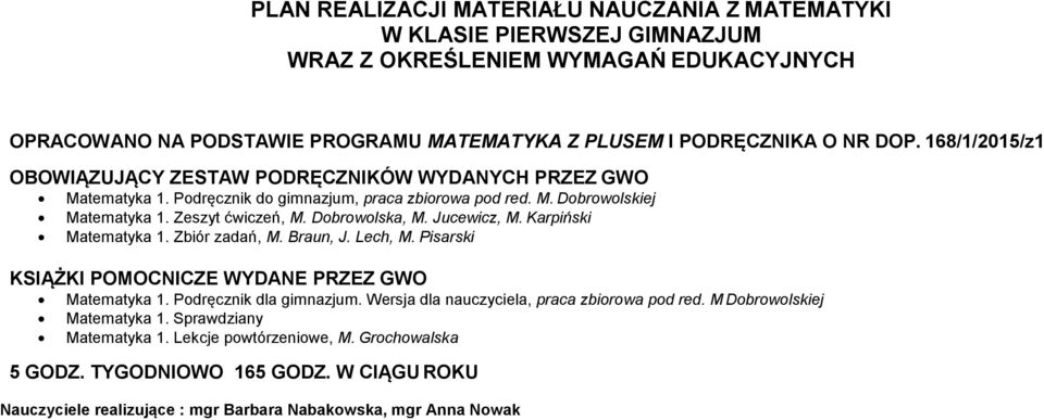 Jucewicz, M. Karpiński Matematyka 1. Zbiór zadań, M. Braun, J. Lech, M. Pisarski KSIĄŻKI POMOCNICZE WYDANE PRZEZ GWO Matematyka 1. Podręcznik dla gimnazjum.