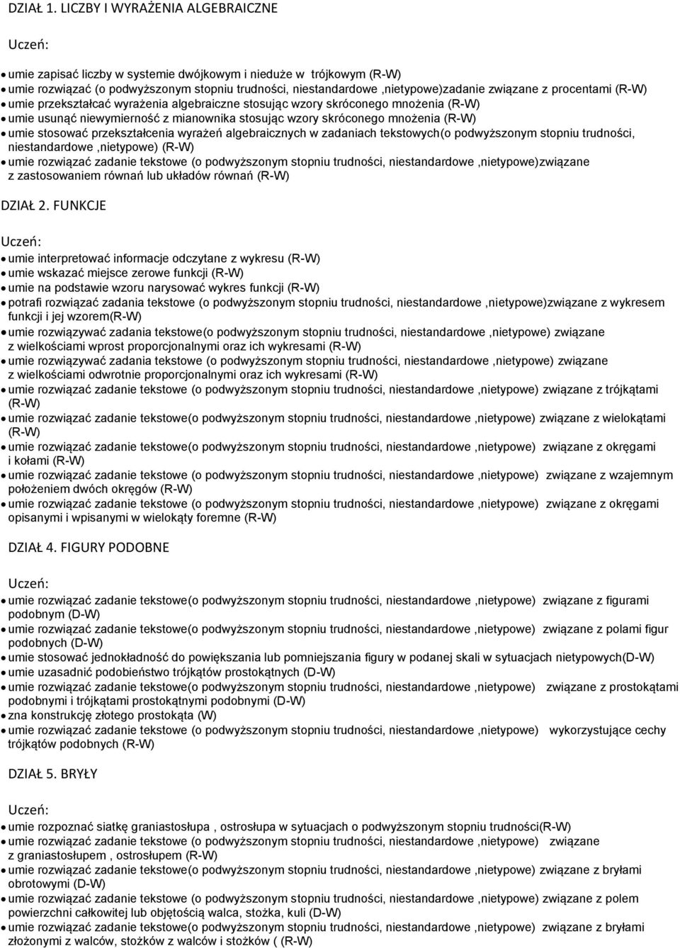 procentami (R-W) umie przekształcać wyrażenia algebraiczne stosując wzory skróconego mnożenia (R-W) umie usunąć niewymierność z mianownika stosując wzory skróconego mnożenia (R-W) umie stosować