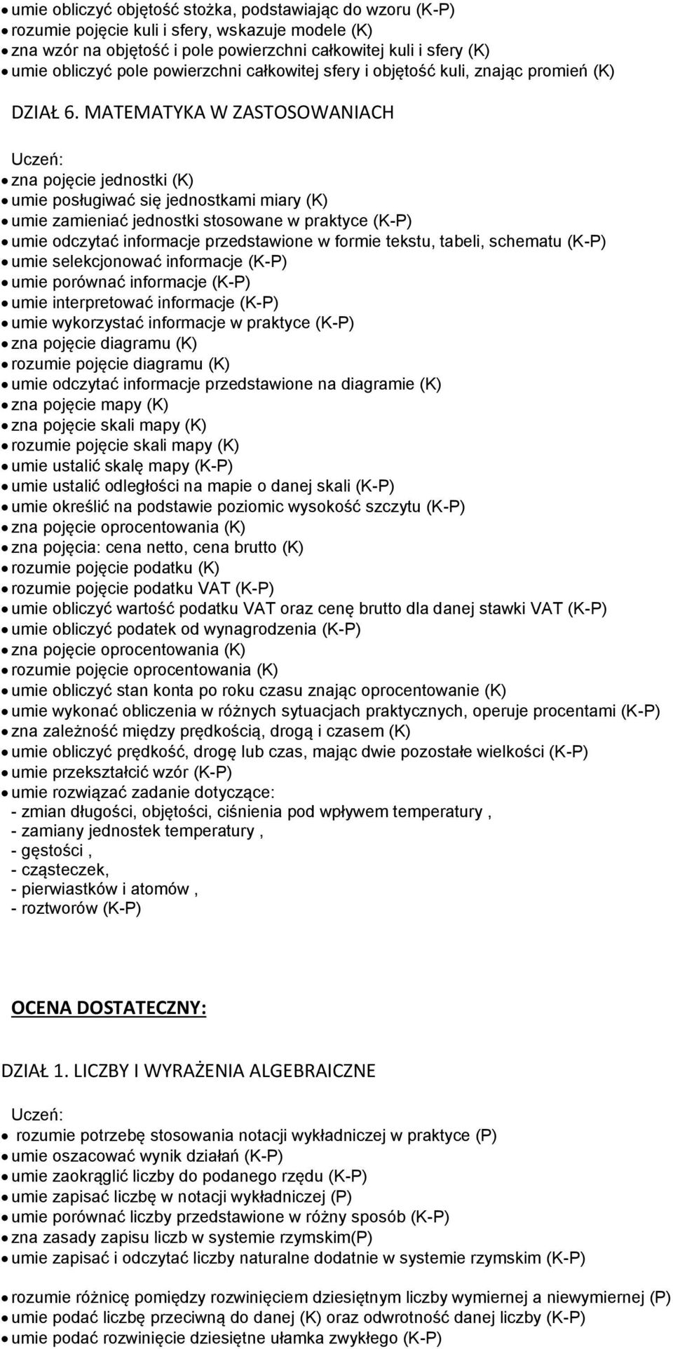 MATEMATYKA W ZASTOSOWANIACH zna pojęcie jednostki (K) umie posługiwać się jednostkami miary (K) umie zamieniać jednostki stosowane w praktyce (K-P) umie odczytać informacje przedstawione w formie