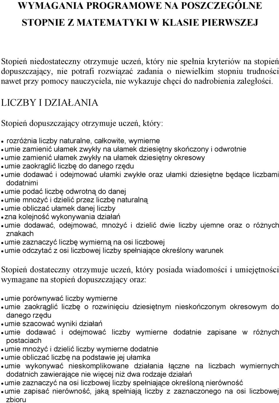 LICZBY I DZIAŁANIA Stopień dopuszczający otrzymuje uczeń, który: rozróżnia liczby naturalne, całkowite, wymierne umie zamienić ułamek zwykły na ułamek dziesiętny skończony i odwrotnie umie zamienić