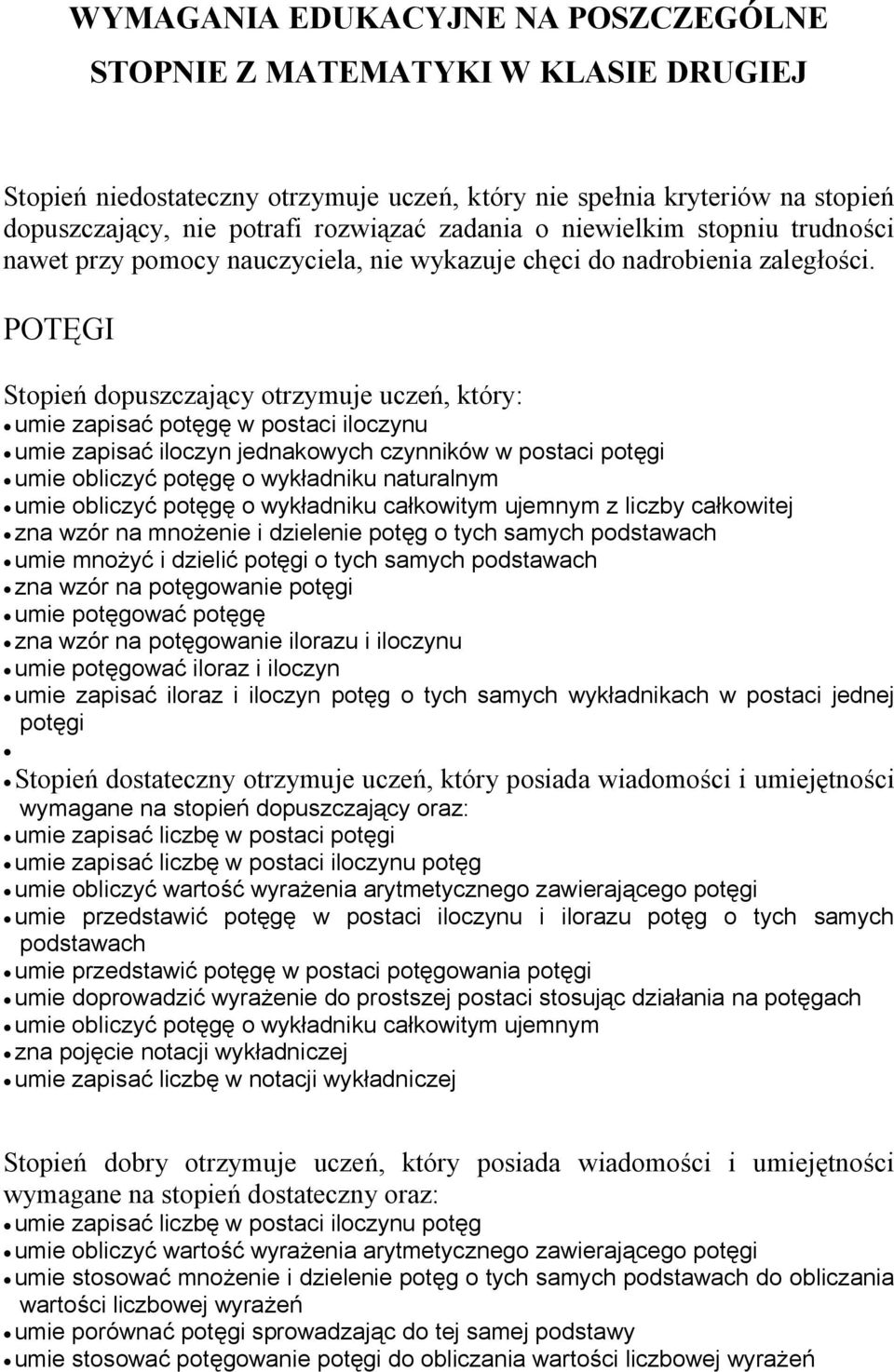 POTĘGI Stopień dopuszczający otrzymuje uczeń, który: umie zapisać potęgę w postaci iloczynu umie zapisać iloczyn jednakowych czynników w postaci potęgi umie obliczyć potęgę o wykładniku naturalnym