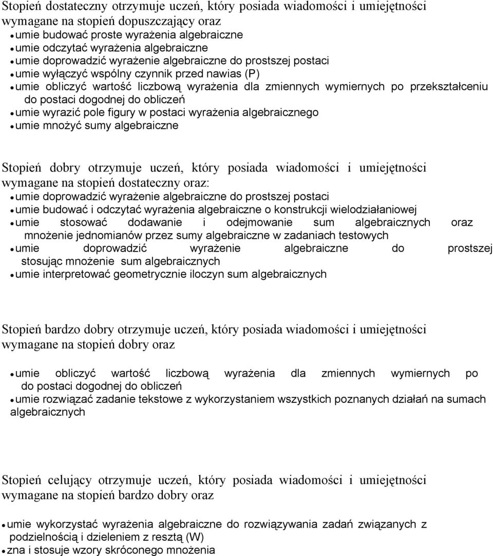 postaci dogodnej do obliczeń umie wyrazić pole figury w postaci wyrażenia algebraicznego umie mnożyć sumy algebraiczne Stopień dobry otrzymuje uczeń, który posiada wiadomości i umiejętności wymagane