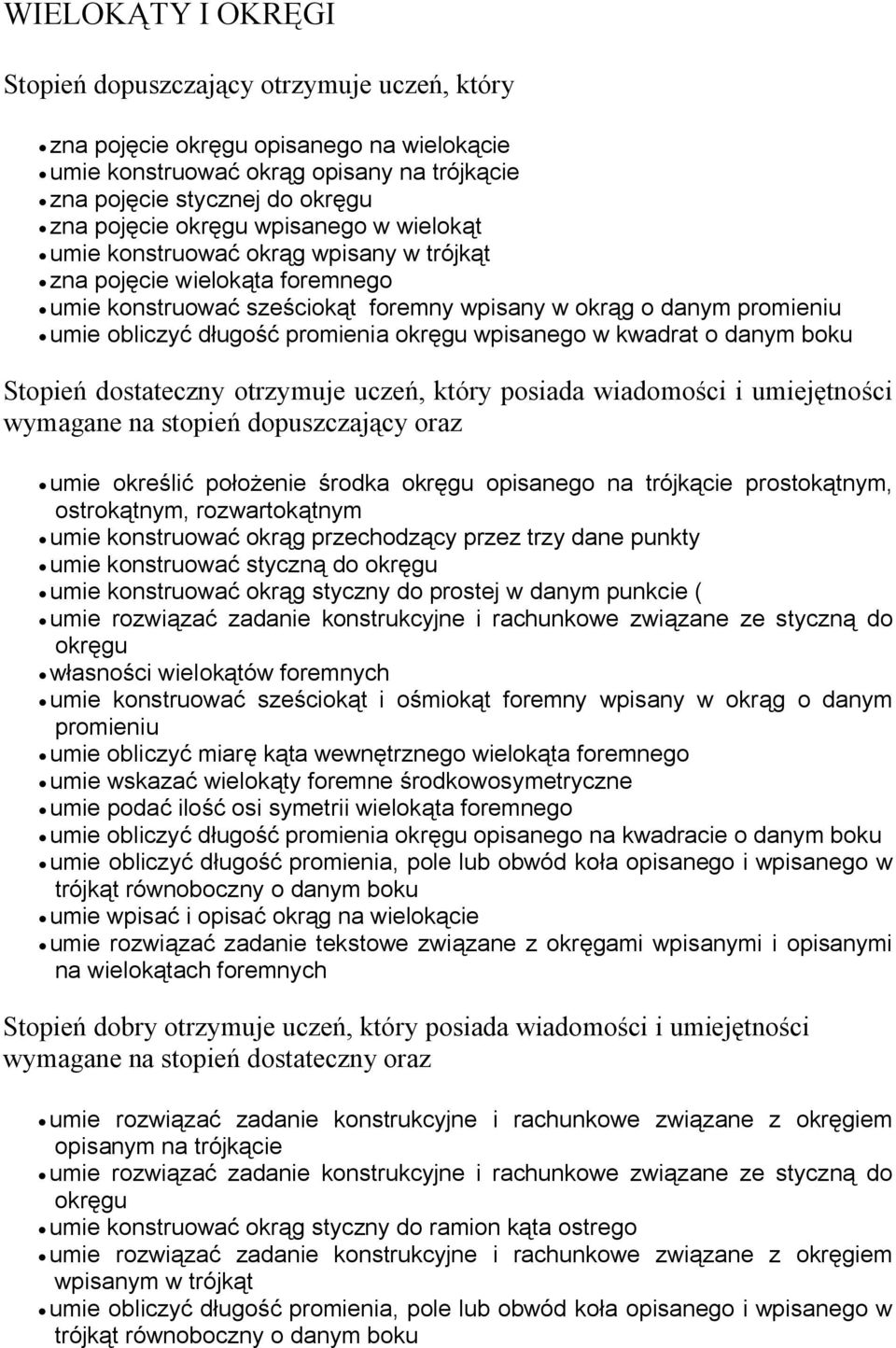 promienia okręgu wpisanego w kwadrat o danym boku Stopień dostateczny otrzymuje uczeń, który posiada wiadomości i umiejętności wymagane na stopień dopuszczający oraz umie określić położenie środka