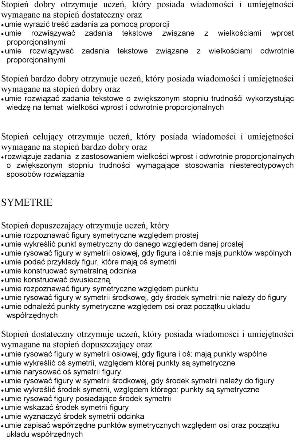 wymagane na stopień dobry oraz umie rozwiązać zadania tekstowe o zwiększonym stopniu trudnośći wykorzystując wiedzę na temat wielkości wprost i odwrotnie proporcjonalnych Stopień celujący otrzymuje