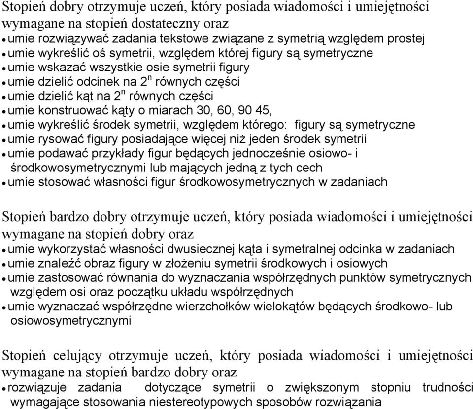 miarach 30, 60, 90 45, umie wykreślić środek symetrii, względem którego: figury są symetryczne umie rysować figury posiadające więcej niż jeden środek symetrii umie podawać przykłady figur będących