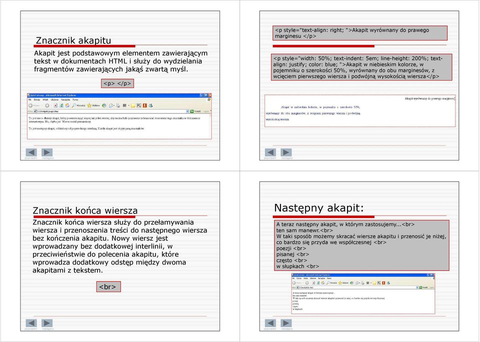 kolorze, w pojemniku o szerokości 50%, wyrównany do obu marginesów, z wcięciem pierwszego wiersza i podwójną wysokością wiersza</p> Znacznik końca wiersza Znacznik końca wiersza służy do