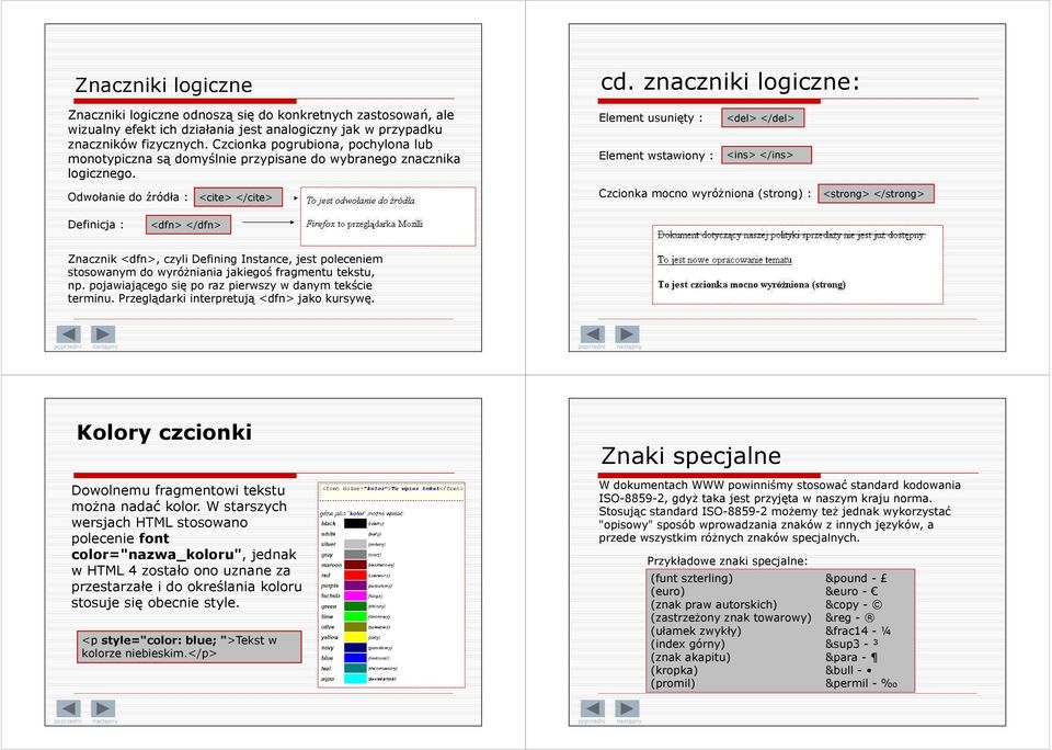 Element usunięty : Element wstawiony : <del> </del> <ins> </ins> Odwołanie do źródła : <cite> </cite> Czcionka mocno wyróżniona (strong) : <strong> </strong> Definicja : <dfn> </dfn> Znacznik <dfn>,