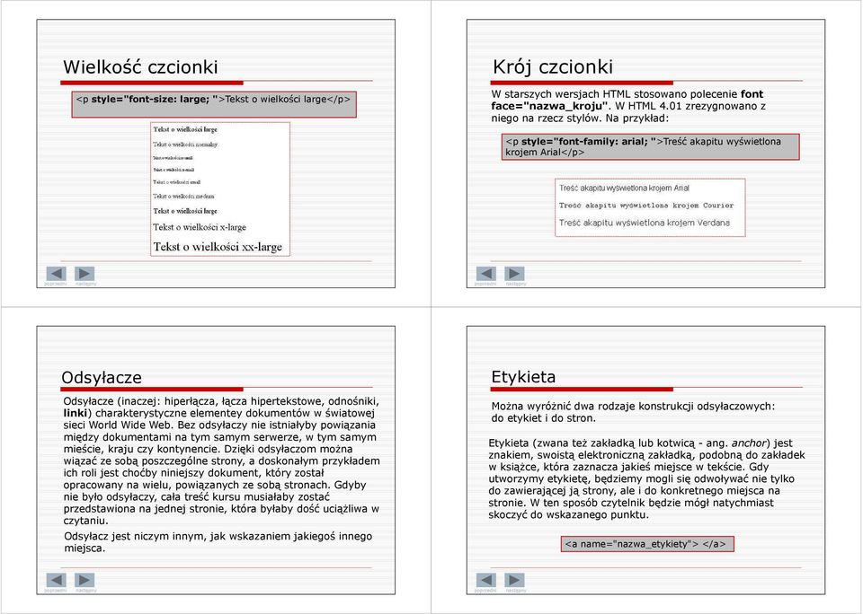 Na przykład: <p style="font-family: arial; ">Treść akapitu wyświetlona krojem Arial</p> Odsyłacze Odsyłacze (inaczej: hiperłącza, łącza hipertekstowe, odnośniki, linki) charakterystyczne elementey
