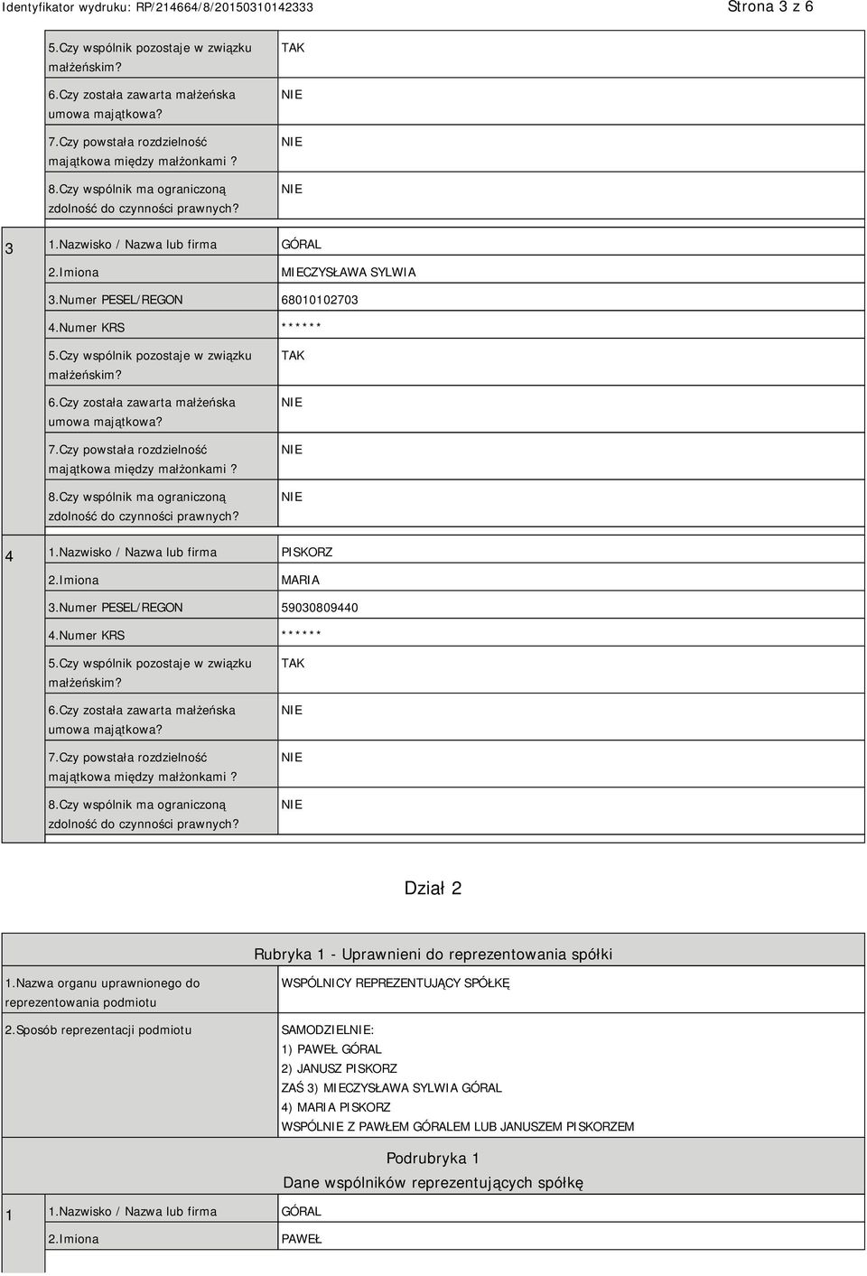 Sposób reprezentacji podmiotu WSPÓLNICY REPREZENTUJĄCY SPÓŁKĘ SAMODZIEL: 1) PAWEŁ GÓRAL 2) JANUSZ PISKORZ ZAŚ 3) MIECZYSŁAWA SYLWIA GÓRAL 4) MARIA