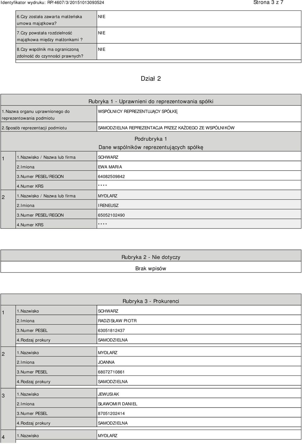 Sposób reprezentacji podmiotu WSPÓLNICY REPREZENTUJĄCY SPÓŁKĘ REPREZENTACJA PRZEZ KAŻDEGO ZE WSPÓLNIKÓW 1 1.