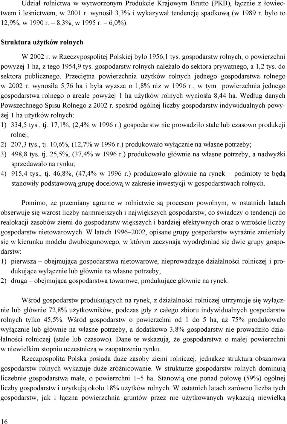 gospodarstw rolnych należało do sektora prywatnego, a 1,2 tys. do sektora publicznego. Przeciętna powierzchnia użytków rolnych jednego gospodarstwa rolnego w 2002 r.