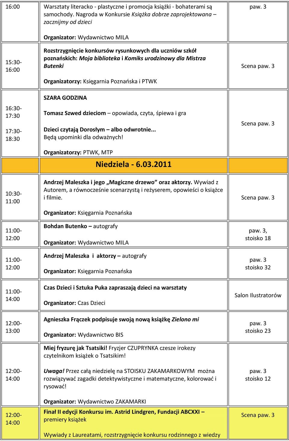 Butenki Organizatorzy: Księgarnia Poznaoska i PTWK Scena 16:30-17:30 17:30-18:30 SZARA GODZINA Tomasz Szwed dzieciom opowiada, czyta, śpiewa i gra Dzieci czytają Dorosłym albo odwrotnie.