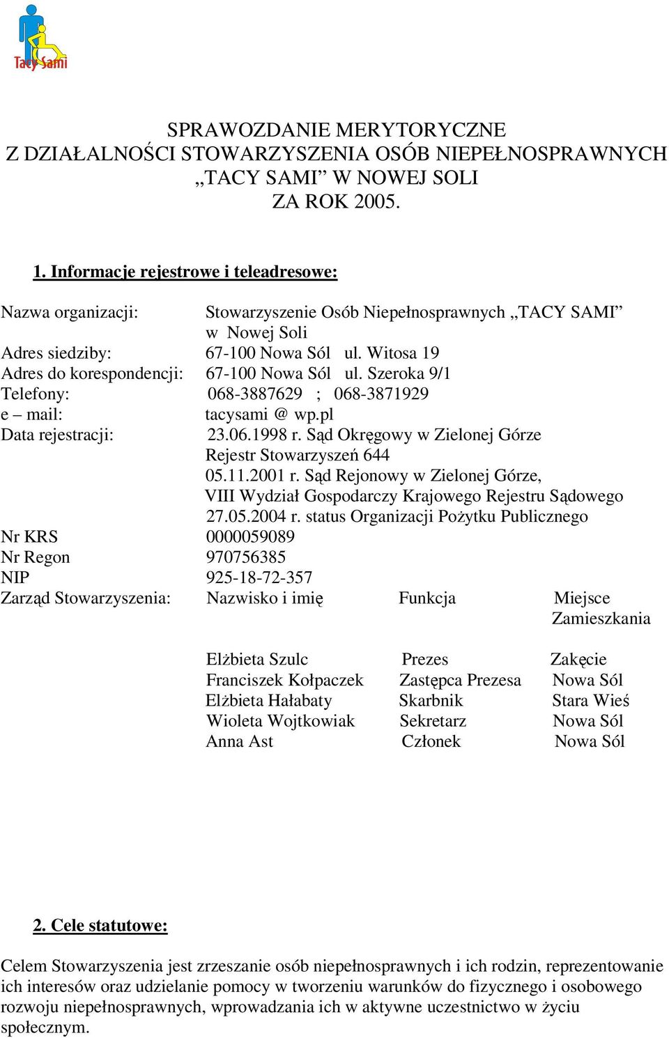 Witosa 19 Adres do korespondencji: 67-100 Nowa Sól ul. Szeroka 9/1 Telefony: 068-3887629 ; 068-3871929 e mail: Data rejestracji: tacysami @ wp.pl 23.06.1998 r.