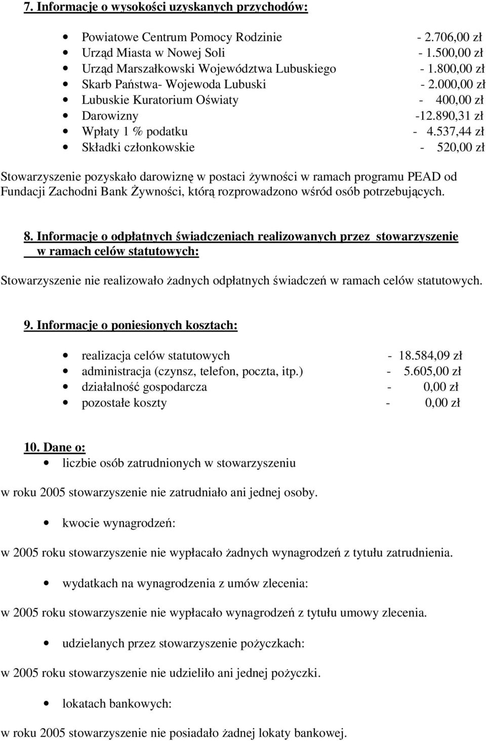 537,44 zł Składki członkowskie - 520,00 zł Stowarzyszenie pozyskało darowiznę w postaci żywności w ramach programu PEAD od Fundacji Zachodni Bank Żywności, którą rozprowadzono wśród osób