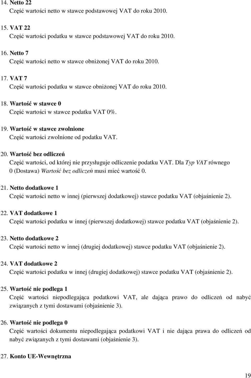 19. Wartość w stawce zwolnione Część wartości zwolnione od podatku VAT. 20. Wartość bez odliczeń Część wartości, od której nie przysługuje odliczenie podatku VAT.