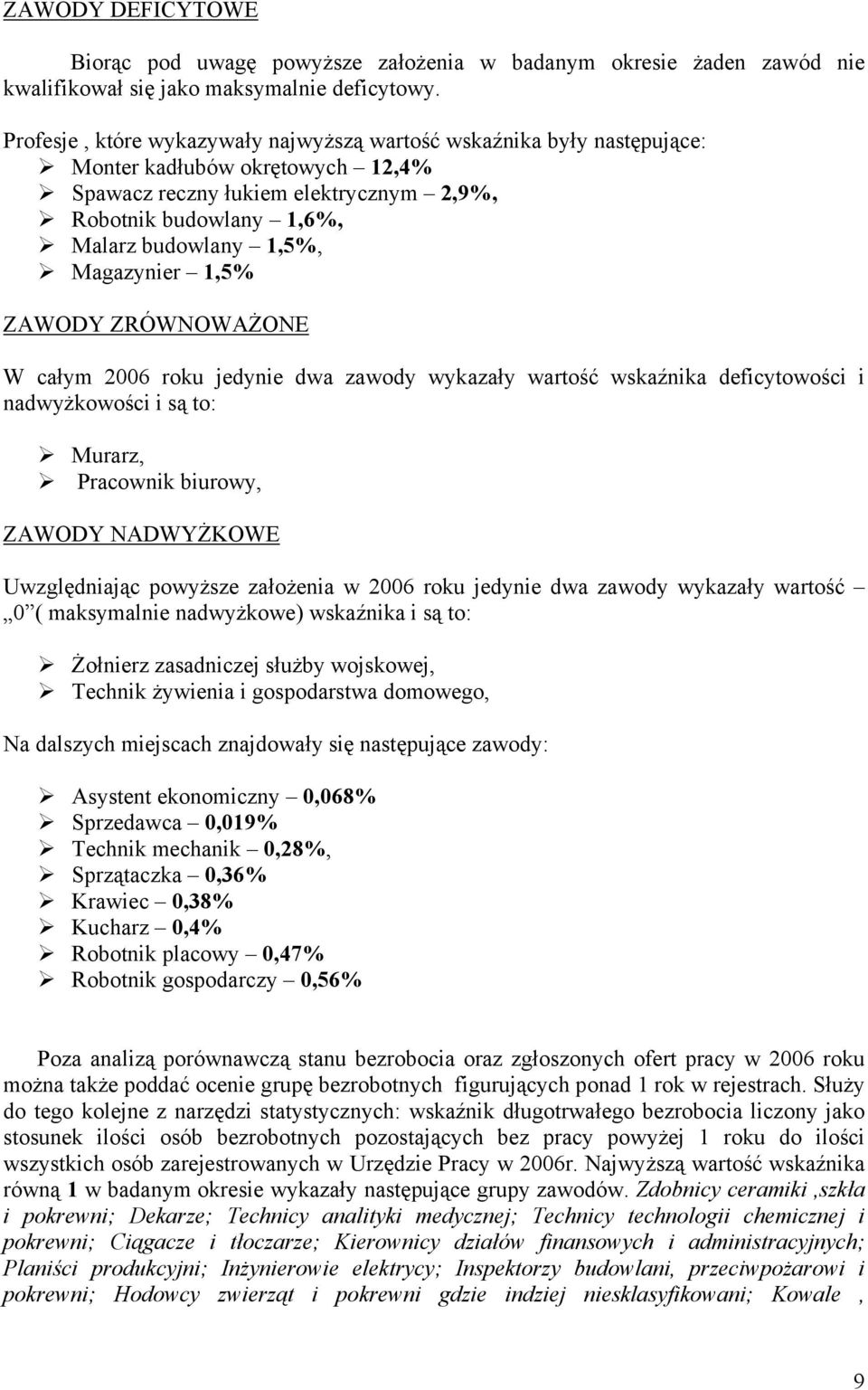 1,5% ZAWODY ZRÓWNOWAŻONE W całym 2006 rou jedynie dwa zawody wyazały wartość wsaźnia deficytowości i nadwyżowości i są to: Murarz, Pracowni biurowy, ZAWODY NADWYŻKOWE Uwzględniając powyższe założenia