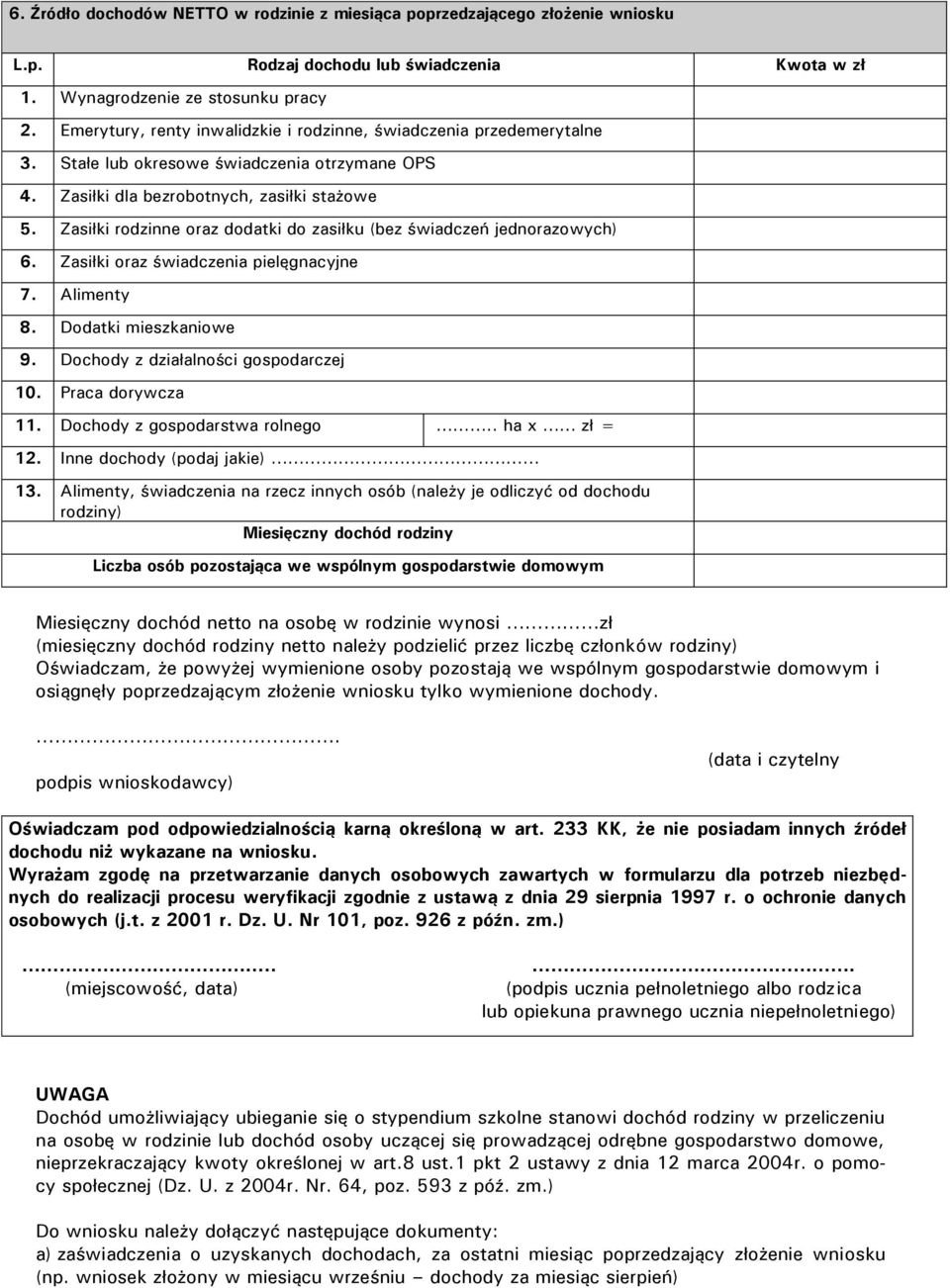 Zasiłki rodzinne oraz dodatki do zasiłku (bez świadczeń jednorazowych) 6. Zasiłki oraz świadczenia pielęgnacyjne 7. Alimenty 8. Dodatki mieszkaniowe 9. Dochody z działalności gospodarczej 10.