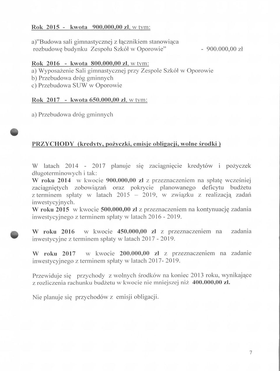 zl, w tym: a) Przebudowa drog gminnych PRZYCHODY (kredyty, pozyczki, cmisje obligacji, wolne srodki W latach 214-217 planuje si?