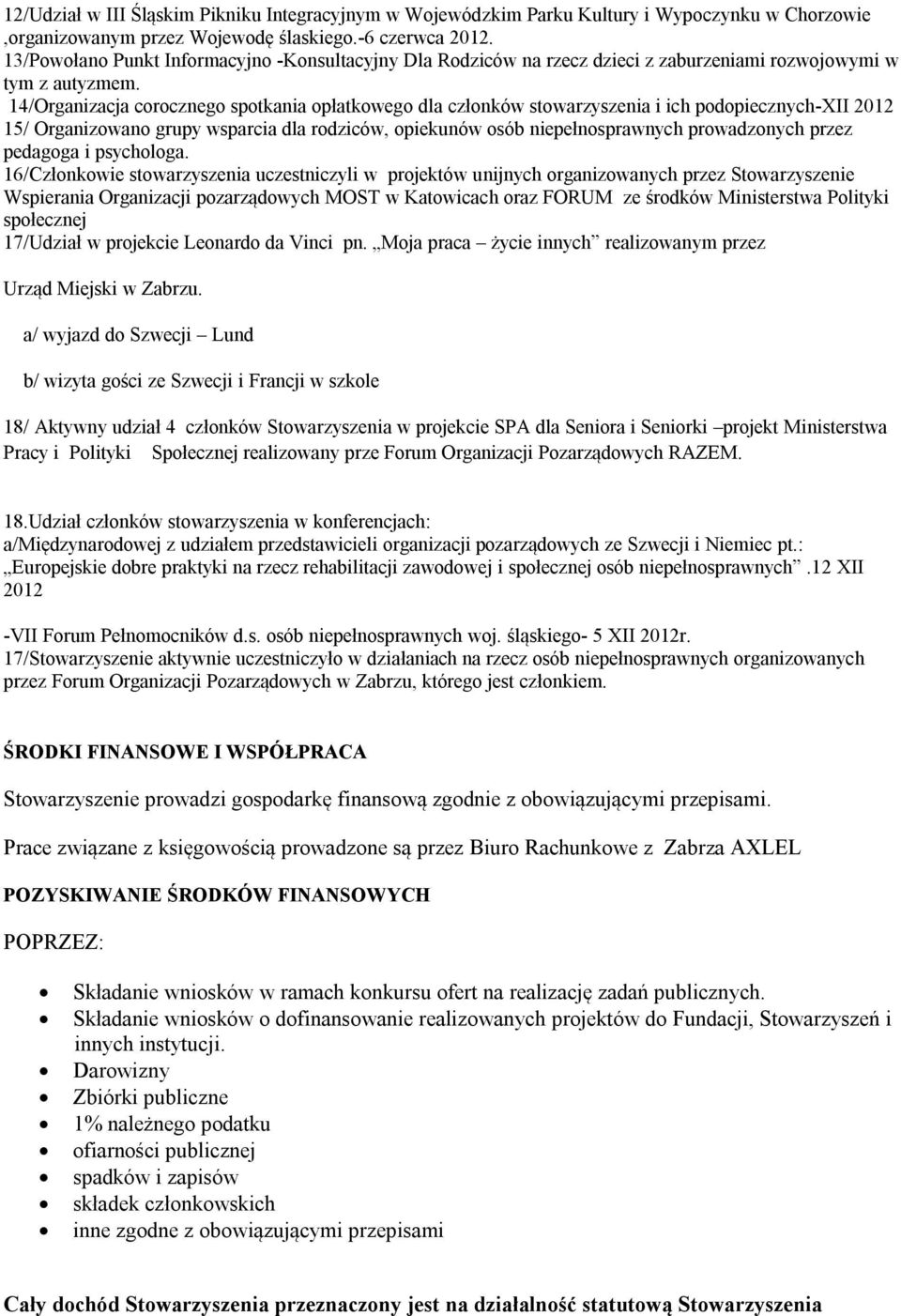 14/Organizacja corocznego spotkania opłatkowego dla członków stowarzyszenia i ich podopiecznych-xii 2012 15/ Organizowano grupy wsparcia dla rodziców, opiekunów osób niepełnosprawnych prowadzonych