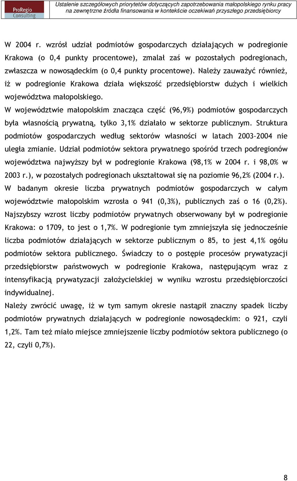 W województwie małopolskim znacząca część (96,9%) podmiotów gospodarczych była własnością prywatną, tylko 3,1% działało w sektorze publicznym.