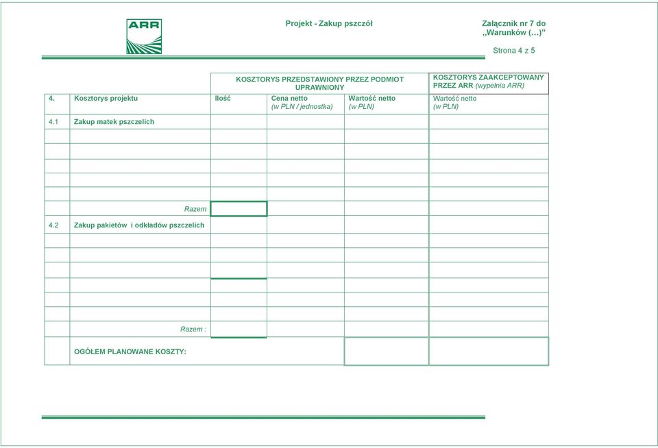 KOSZTORYS ZAAKCEPTOWANY PRZEZ ARR (wypełnia ARR) Wartość netto (w PLN) 4.