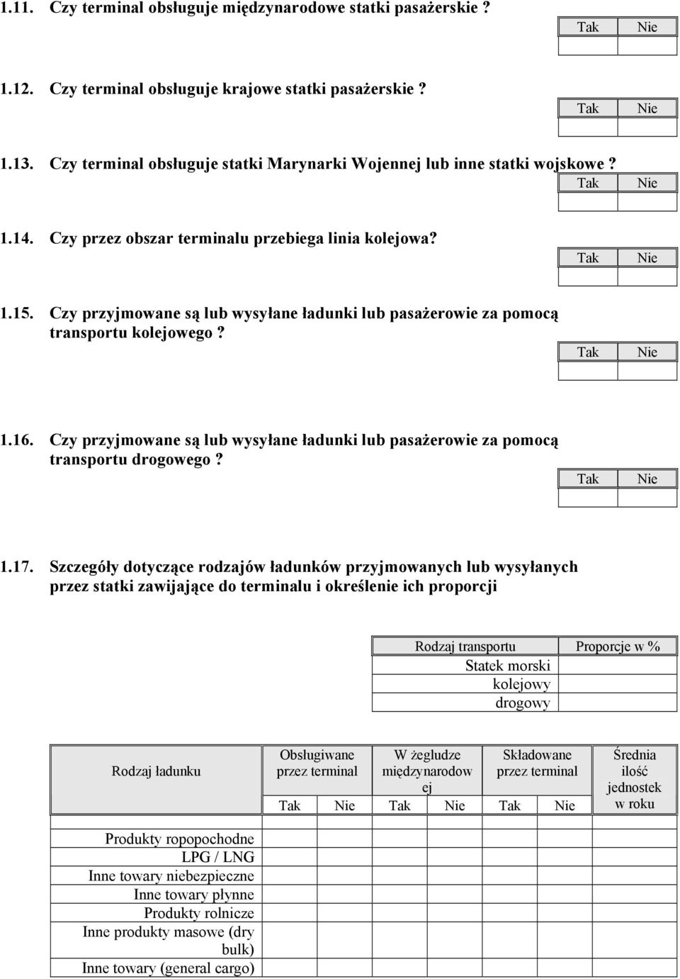 Czy przyjmowane są lub wysyłane ładunki lub pasażerowie za pomocą transportu kolejowego? 1.16. Czy przyjmowane są lub wysyłane ładunki lub pasażerowie za pomocą transportu drogowego? 1.17.