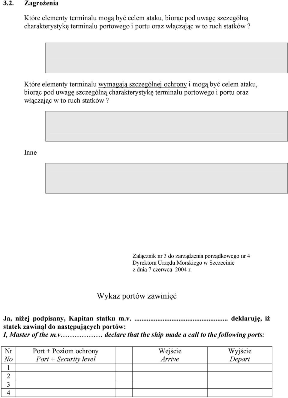 Inne Załącznik nr 3 do zarządzenia porządkowego nr 4 Dyrektora Urzędu Morskiego w Szczecinie z dnia 7 czerwca 2004 r. Wykaz portów zawinięć Ja, niżej podpisany, Kapitan statku m.v.