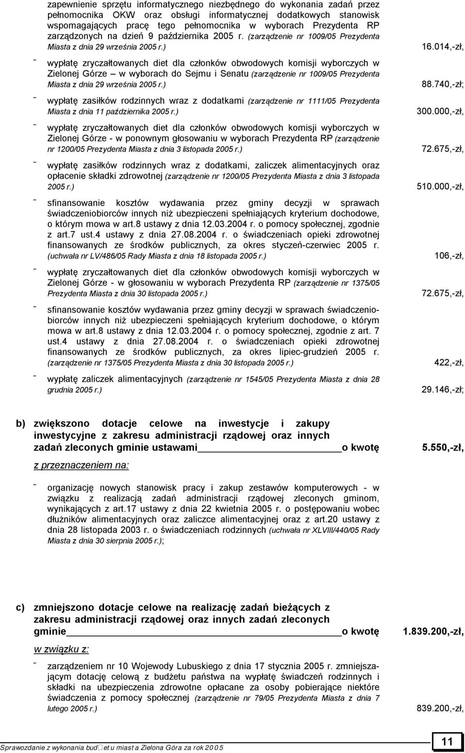 ) wypłatę zryczałtowanych diet dla członków obwodowych komisji wyborczych w Zielonej Górze w wyborach do Sejmu i Senatu (zarządzenie nr 1009/05 Prezydenta Miasta z dnia 29 września 2005 r.) 16.