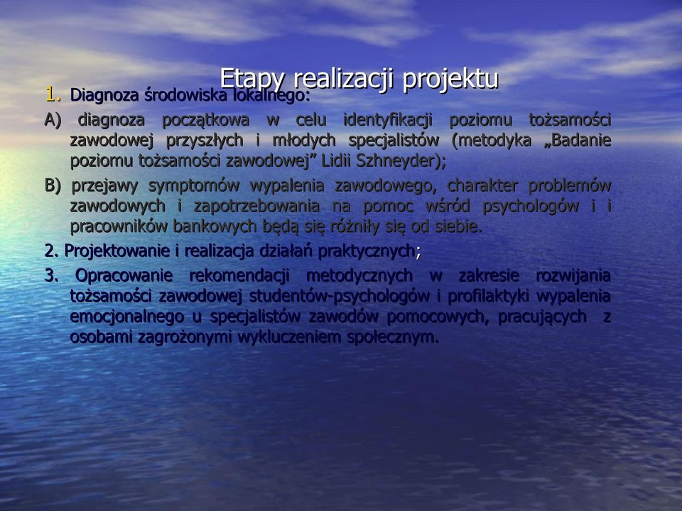 zawodowej Lidii Szhneyder); B) przejawy symptomów wypalenia zawodowego, charakter problemów zawodowych i zapotrzebowania na pomoc wśród psychologów i i pracowników bankowych