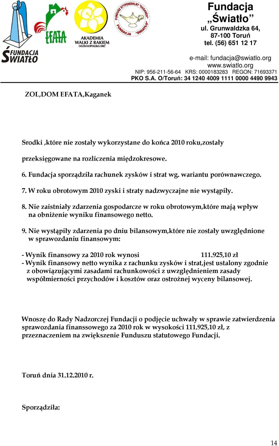 Nie zaistniały zdarzenia gospodarcze w roku obrotowym,które mają wpływ na obniżenie wyniku finansowego netto. 9.