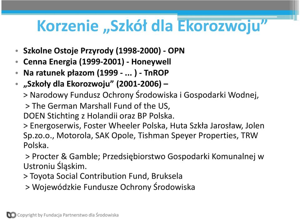 Stichting z Holandii oraz BP Polska. > Energoserwis, Foster Wheeler Polska, Huta Szkła Jarosław, Jolen Sp.zo.o., Motorola, SAK Opole, Tishman Speyer Properties, TRW Polska.