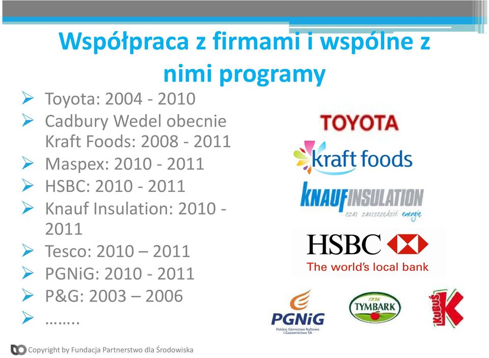 Maspex: 2010-2011 HSBC: 2010-2011 Knauf Insulation: