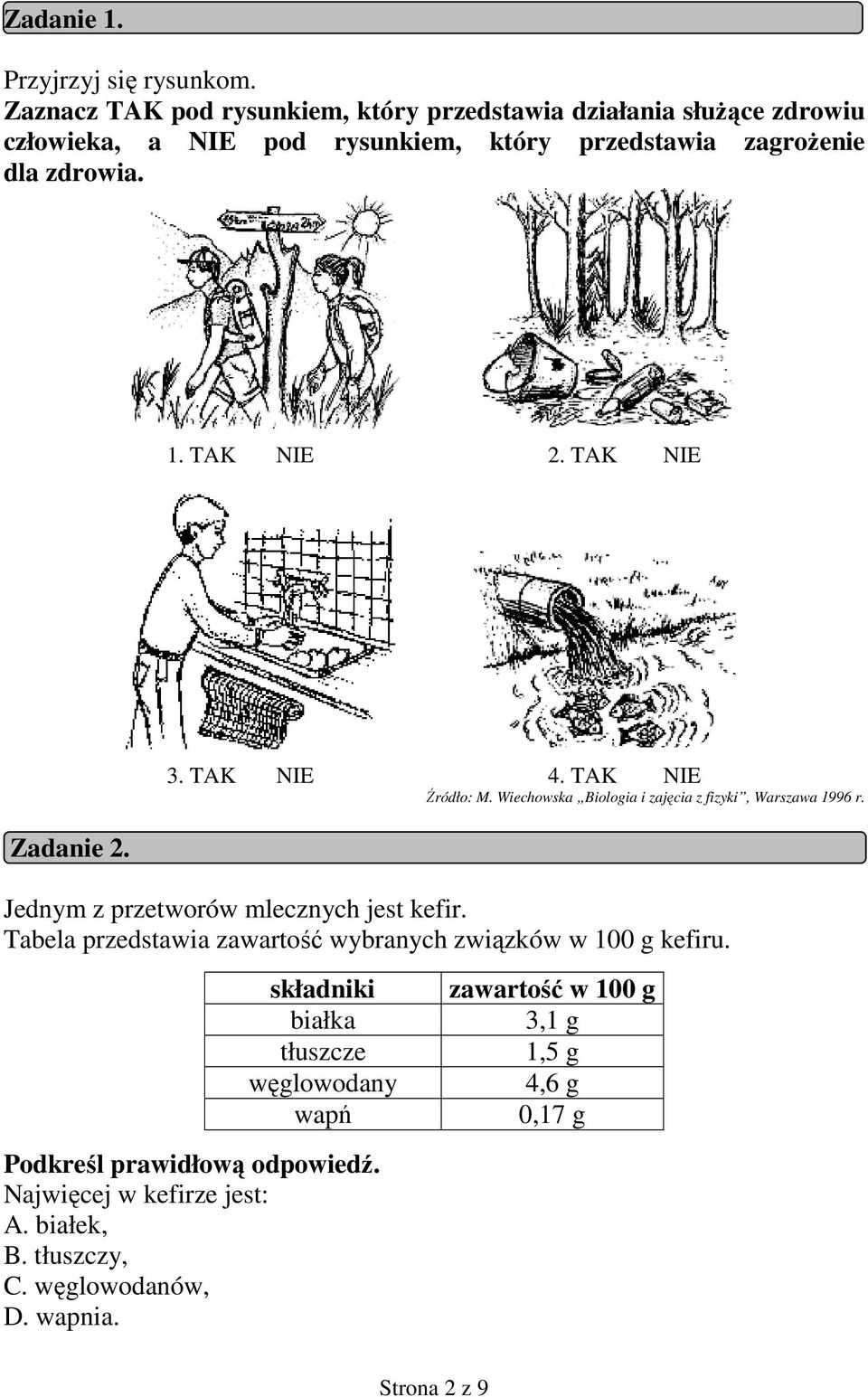 TAK NIE 2. TAK NIE Zadanie 2. 3. TAK NIE 4. TAK NIE Źródło: M. Wiechowska Biologia i zajęcia z fizyki, Warszawa 1996 r.