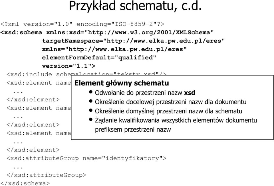 xsd"/> <xsd:element name="eres_konspekty"> <xsd:element name="przedmiot"> Przykład schematu, c.d. Element główny schematu Odwołanie do przestrzeni nazw xsd Określenie docelowej