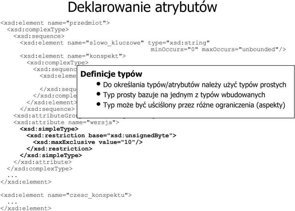 </xsd:complextype> Typ prosty bazuje na jednym z typów wbudowanych Typ może być uściślony przez różne ograniczenia (aspekty) </xsd:sequence> <xsd:attributegroup ref="identyfikatory"/> <xsd:attribute