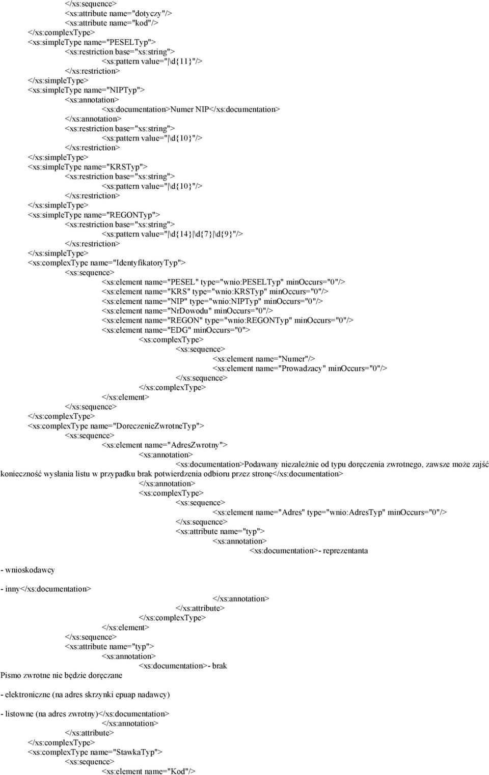 name="identyfikatorytyp"> name="pesel" type="wnio:peseltyp" minoccurs="0"/> name="krs" type="wnio:krstyp" minoccurs="0"/> name="nip" type="wnio:niptyp" minoccurs="0"/> name="nrdowodu" minoccurs="0"/>