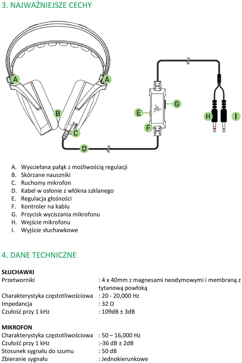 DANE TECHNICZNE SŁUCHAWKI Przetworniki Charakterystyka częstotliwościowa : 20-20,000 Hz Impedancja : 32 Ω Czułość przy 1 khz : 109dB ± 3dB MIKROFON