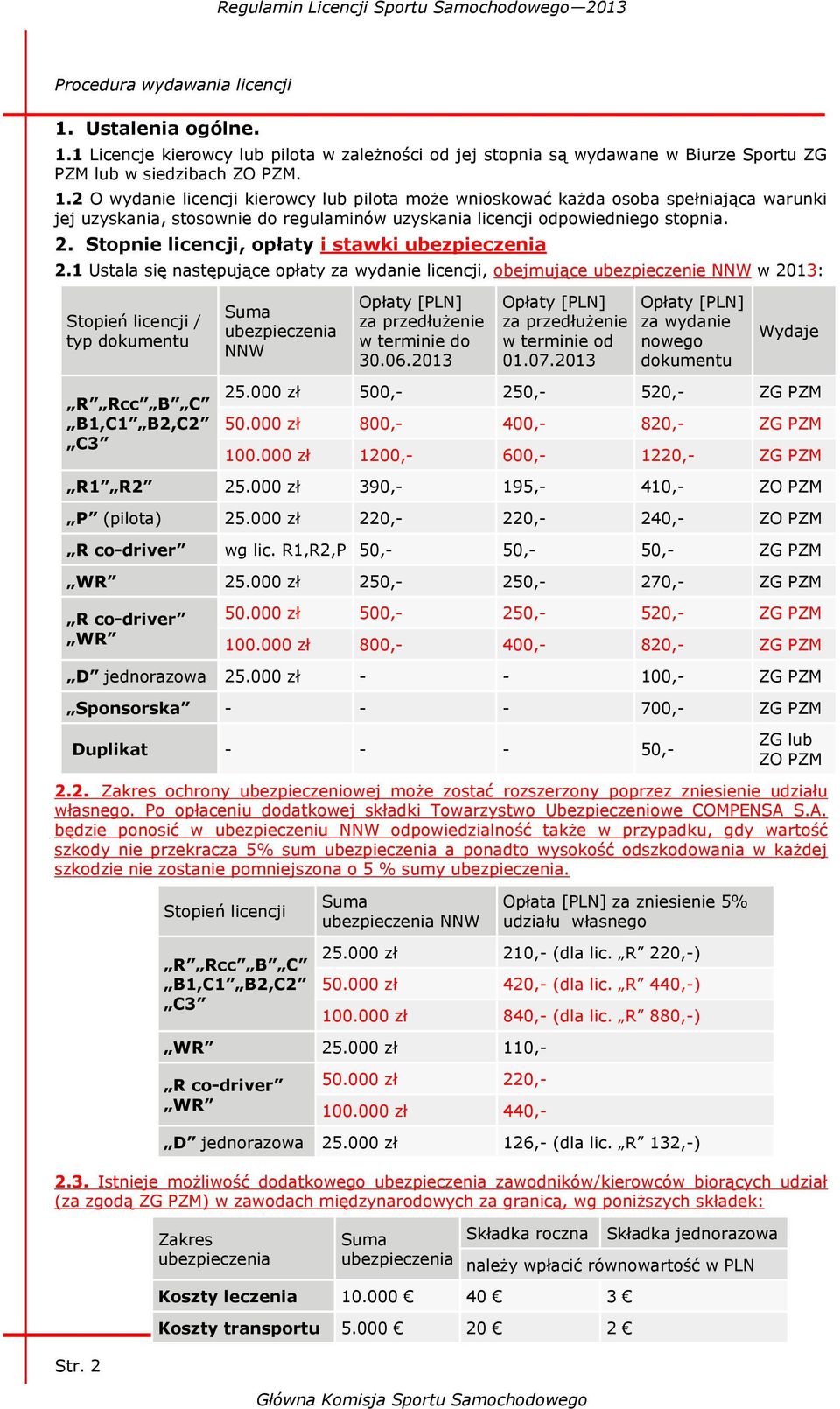 2. Stopnie licencji, opłaty i stawki ubezpieczenia 2.