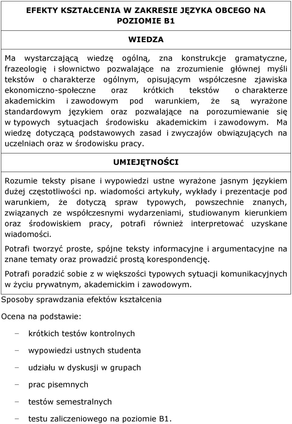 oraz pozwalające na porozumiewanie się w typowych sytuacjach środowisku akademickim i zawodowym. Ma wiedzę dotyczącą podstawowych zasad i zwyczajów obwiązujących na uczelniach oraz w środowisku pracy.